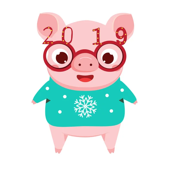 Dessin Animé Cochon Symbole Nouvel Chinois 2019 Lunettes Vue Fête — Image vectorielle