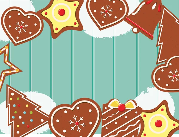 Christmas Background Cookies Blue Wooden Desk Top View Vector Illustration — Stock Vector