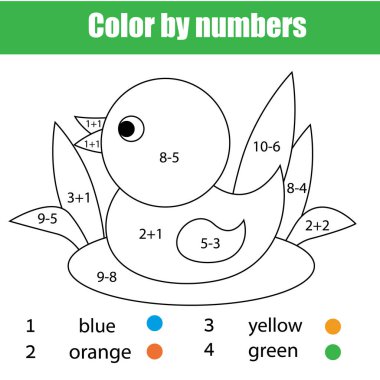 Çocuk eğitim oyunu. Matematik boyama sayfası ördek. Çözmek denklemler ve renkli resmi. Toplama ve çıkarma ile çocuklar için yazdırılabilir çalışma