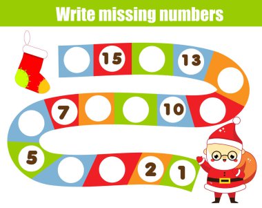 Çocuklar için matematik eğitici bir oyun. Eksik numaraları yazın. Noel Baba bul yol yardımcı. Noel, yeni yıl tema eğlenceli küçük bebekler ve çocuklar için