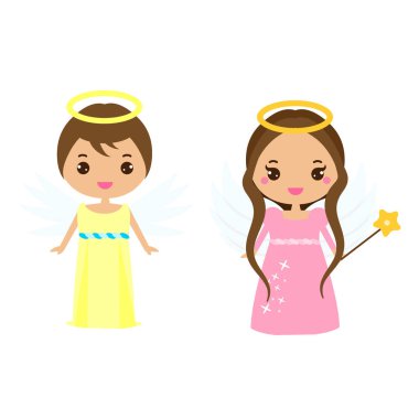 Sevimli melekler. Kawaii tarzı. Kanatlı erkek ve kız. cemaat, Noel ve diğer kutlamalar için küçük resim