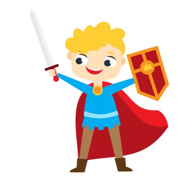 Şirin şövalye. Kalkanları ve kılıçları olan izole çocuk.