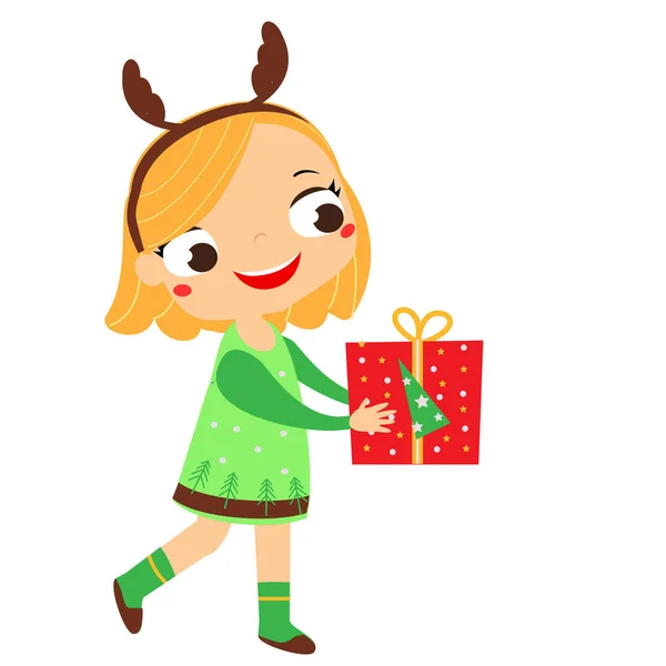 Menina Bonito Segurando Caixa Presente Série Crianças Natal Feliz Ano — Vetor de Stock