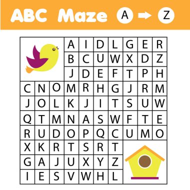ABC Maze Çocuk oyunu: yardım labirentten bulalim kuş yuvası kuş. Küçük bebekler ve çocuklar, İngilizce alfabe öğrenme etkinliği