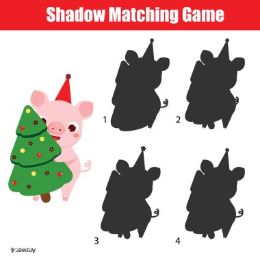 Gölge eşleştirme oyunu çocuklar için. Sağ gölge Noel Ladin tutan komik domuz için bulmak. Yeni yıl tema aktivite çocuklar için