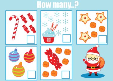 Eğitim Çocuk oyun, çocuk aktivite levha sayma. Kaç nesneleri görev. Öğrenme matematik, sayılar, ayrıca yeni yıl ve Noel Tema.