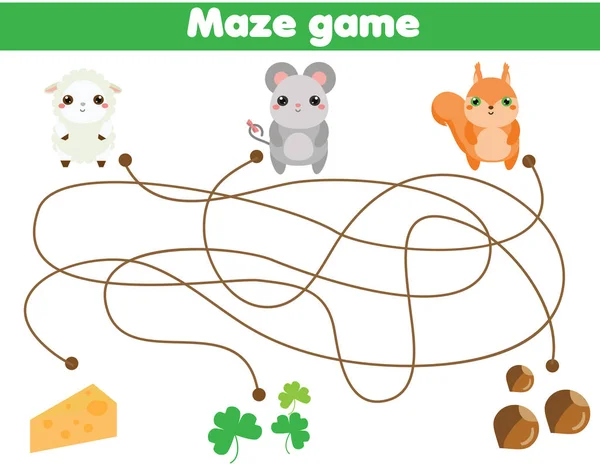 Maze Children Game Help Animals Labyrinth Find Food Kids Activity — Stock Vector
