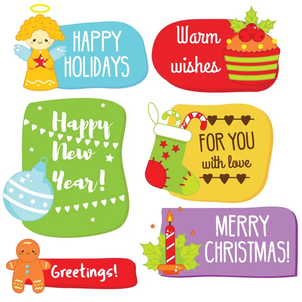 Regalo Navidad Año Nuevo Etiquetas Saludo Con Deseos Cálidos Tradicionales — Vector de stock