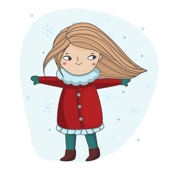 Cute Winter Girl Enjoy Snowfall Vector Character Seasonal Cards Prints — Stock Vector