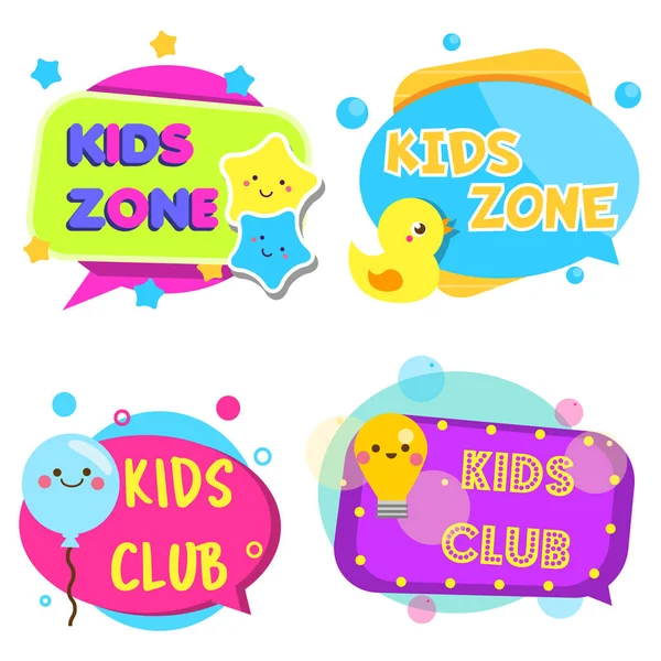 Bandeiras Zona Infantil Etiquetas Coloridas Com Brinquedos Símbolos Infantis Modelo —  Vetores de Stock