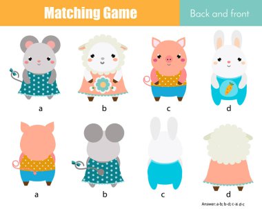 Matching game. Educational children activity with cute animals. Learning back and front clipart