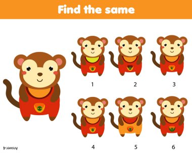 Find the same pictures children educational game. Find two identical monkeys clipart