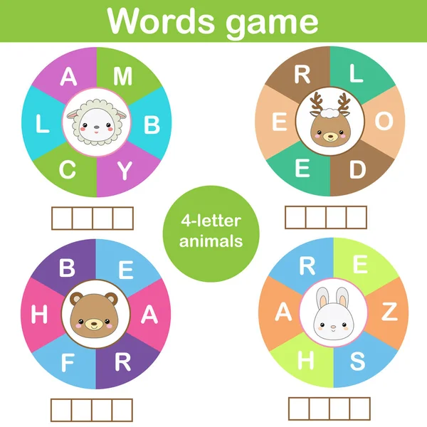 Lernspiel Für Kinder Wortsuche Rad Puzzle Kinder Aktivität Wortschatz Tiere — Stockvektor