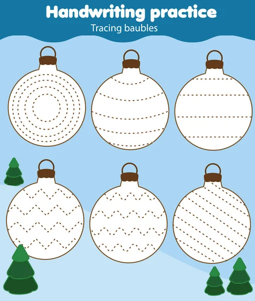 Baubles küçük çocuklar için çizgilerin izini sürüyor. El yazısı uygulama sayfası. Eğitici çocuk oyunu, çocuklar için yazdırılabilir çalışma sayfası. Noel ve Yeni Yıl teması.