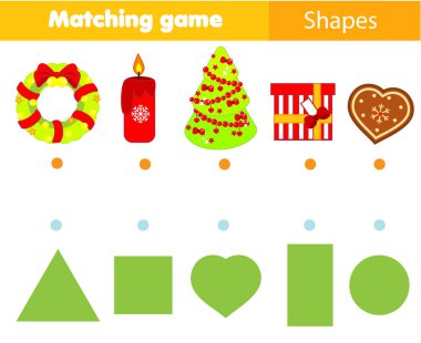 Şekil eşleme oyunu. Noel nesnelerle Kids hareket. Yeni yıl tema eğlenceli çocuklar için sayfa. Öğrenme geometrik şekiller ve formlar