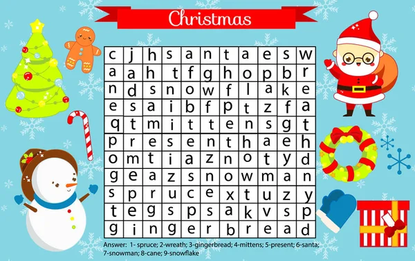 クリスマスの楽しみは 子供たちをページします Eductaional のゲーム 単語の検索のパズル 新年休日テーマ語彙学習 — ストックベクタ