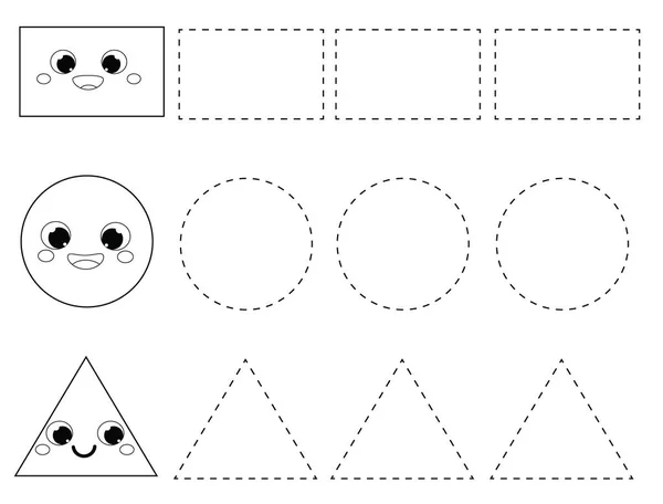 手書き練習シート 子供のための教育子供のゲーム 印刷可能なワークシート ラインをトレースしています 幼児のための幾何学的図形を学習します 四角形 三角形 — ストックベクタ
