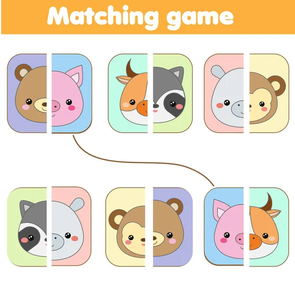 Juego Educativo Que Empareja Emparejar Caras Animales Página Actividades Para — Vector de stock