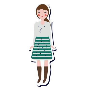 Kadın etekle süveteri. Yaşam tarzı moda kız etiket sanatsal elinde tarzı çizilmiş. Vektör çizim için modern tasarım