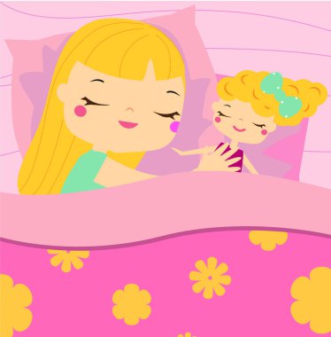 Sevimli kız bebek uyuyor. Tatlı rüyalar yatakta çizgi film çocuk. Bebek uyku