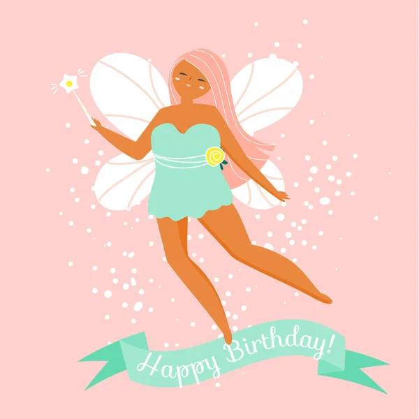 Magic Flying Fairy Text Happy Birthday Female Greeting Card Design — Stock Vector
