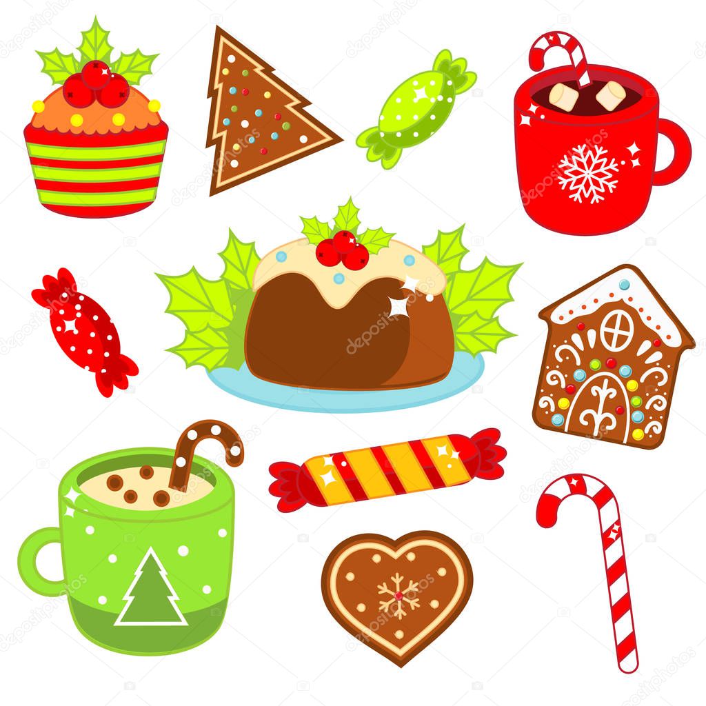 Christmas food and drink. Gingerbread cookies, candy cane, sweets and other. Colorful stickers, icons for New Year menu and other design