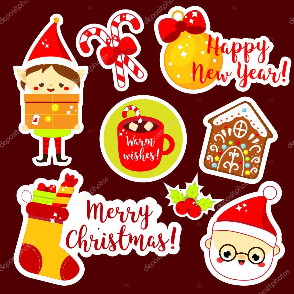 Christmas stickers. Cute Santa, elf, socks and other New Year holiday symbols in kawaii style. Collection of isolated vector design elements for seasonal design and wishes.