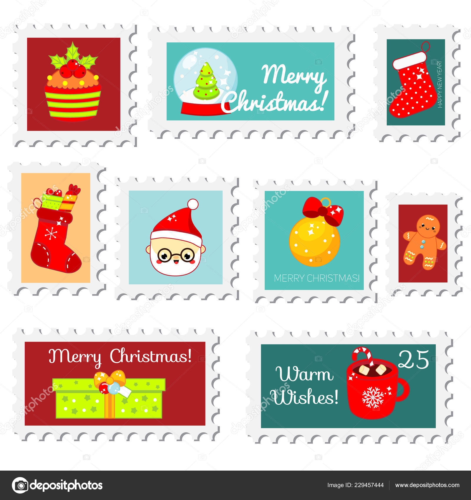 Chiristmas Postal Stamps New Year Postage Stamps Cute Seasonal Symbols  Stock Vector by ©ksuklein 229457444