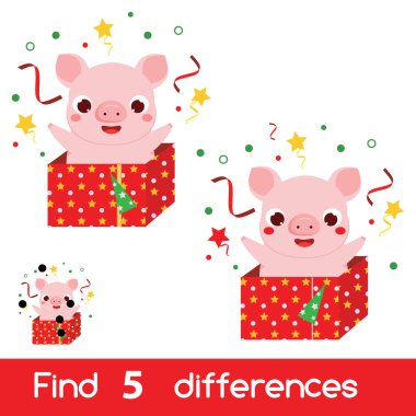 Farkları bulun. Çocuk eğitim oyunu. Hediye kutusunda çizgi film domuz. Noel, yeni yıl tema etkinliği sayfası öncesi okul çocukları ve yeni yürümeye başlayan çocuklar için