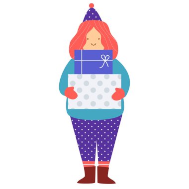 Kış giyimli kadın hediye kutuları tutan. Yeni yıl ve Noel insanlar serisi