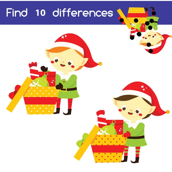 Finden Sie Die Unterschiede Kinder Lernspiel Kinderaktivität Mit Weihnachtselfen Helfer — Stockvektor