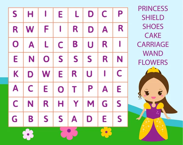 子供の教育的なゲーム ワード検索パズル活動子供や幼児のため プリンセスのおとぎ話の主題 語彙を学習 — ストックベクタ