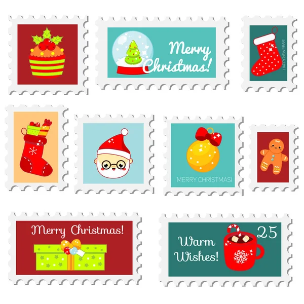 クリスマス切手 サンタ ソックス ギフト その他かわいい季節のシンボルと新年切手 冬の休日の設計 スクラップ ブックやその他のベクトル コレクション — ストックベクタ