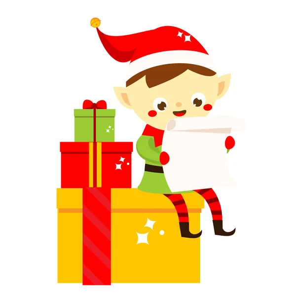 Karácsonyi Elf Aranyos Télapó Helper Olvasott Levelet Elszigetelt Rajzfilmfigura Üdvözlőlap — Stock Vector