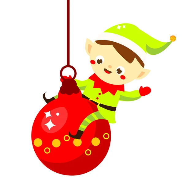 Christmas Elf Cute Santa Helper Sitting Bauble Isolated Cartoon Character — Stock Vector