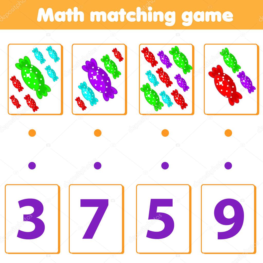 Mathematics educational game for children. Match objects with numbers. Counting game for pre school age kids and toddlers