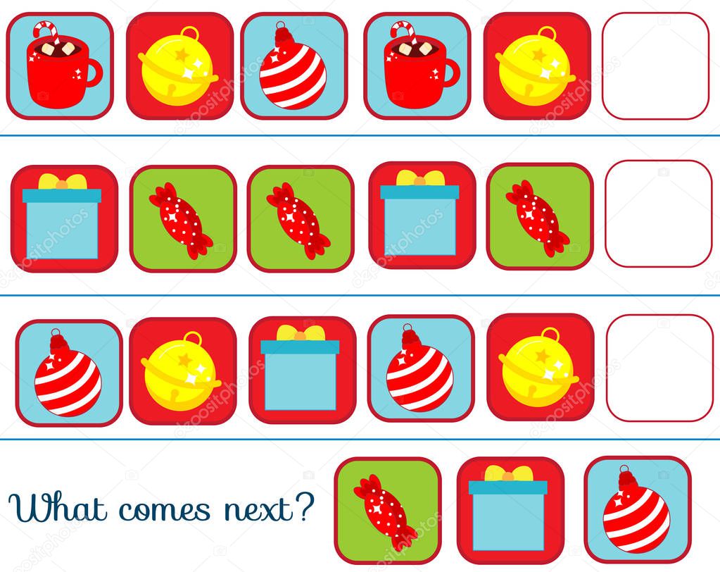 What comes next educational children game. Kids activity sheet, continue the row task. New Year, Christmas, winter holidays theme.