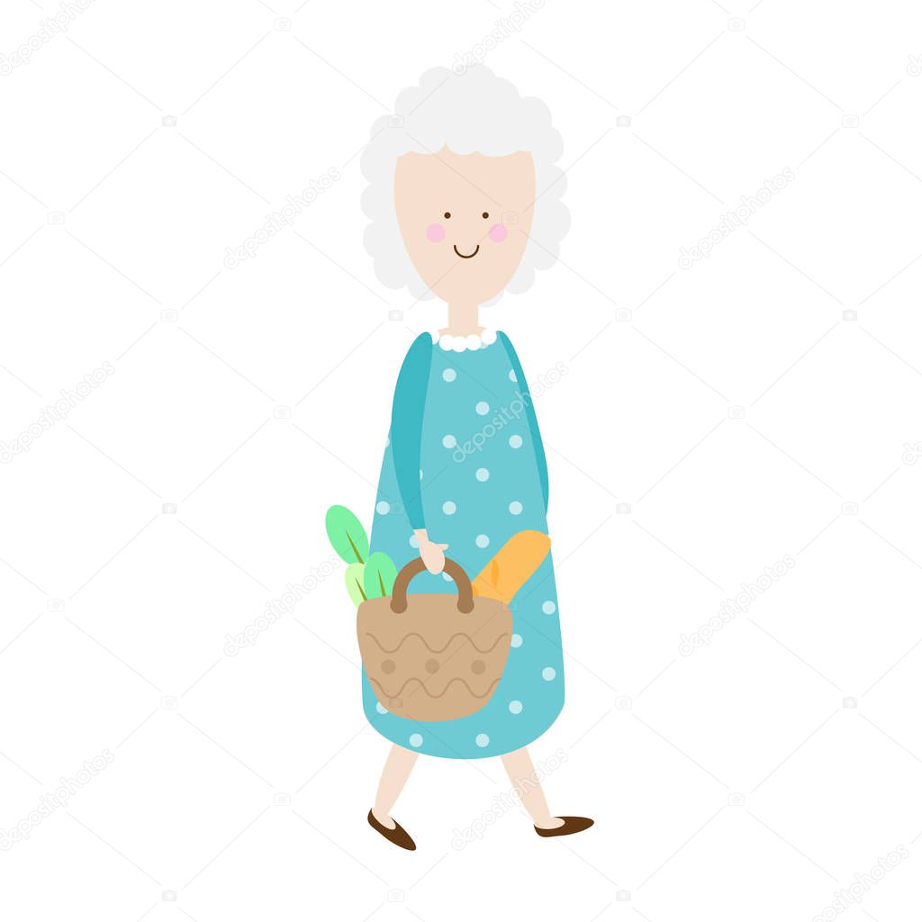 Elderly woman. Happy old lady. cartoon senior female. Grandmother retired walking with shopping bag