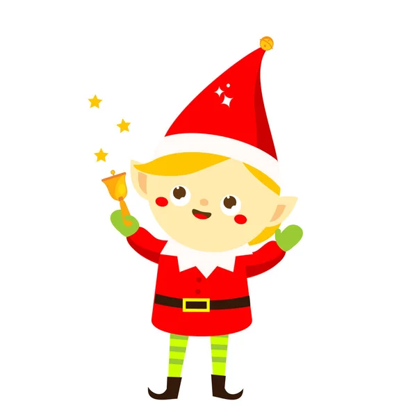 Duende Natal Bonito Ajudante Pai Natal Segurando Sino Personagem Desenho —  Vetores de Stock