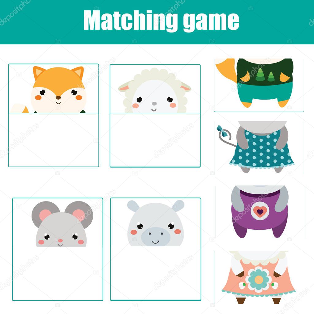 Matching game. Educational children activity with cute animals. Learning top and bottom