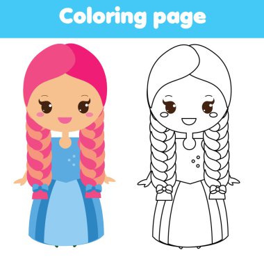 Çocuk eğitim oyunu. Şirin prenses boyama sayfası. yazdırılabilir etkinlik, küçük çocuklar ve okul çağı öncesi için çalışma sayfası