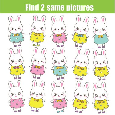 Çocuk eğitim oyunu. İki aynı resim bul. Sevimli tavşanlar. Küçük çocuklar ve bebekler için etkinlik eğlence sayfası