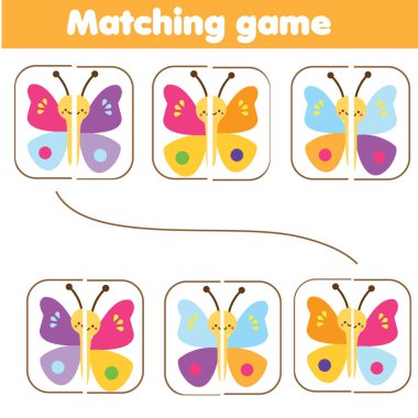 Matching children educational game. Match parts of colorful butterflies. Learning symmetry for kids and toddlers clipart