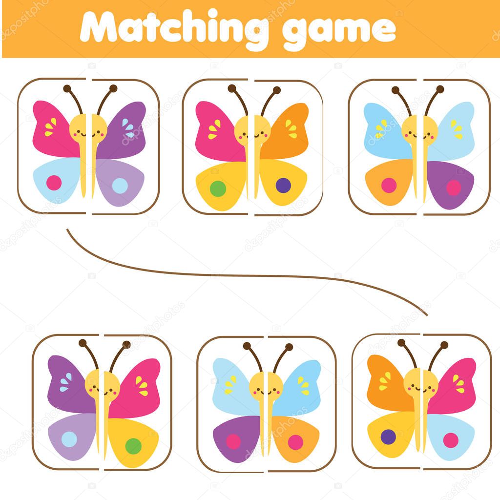 Matching children educational game. Match parts of colorful butterflies. Learning symmetry for kids and toddlers