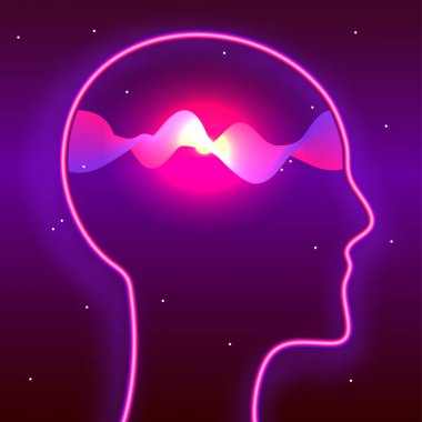 İnsan kafası ve parlayan dalgalar içinde. Farkındalık, beyin gücü, meditasyon konsepti. Biohacking, nörobiyoloji tema illüstrasyon