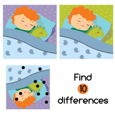 Eğitici çocukların oyunlarındaki farklılıkları cevapla bul. Çocuk faaliyet listesi. Çocuk oyuncakla yatakta uyuyor.