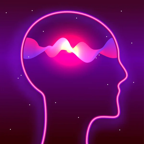 Cabeza Humana Olas Brillantes Dentro Mindfulness Poder Cerebral Concepto Meditación — Vector de stock