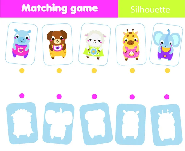 Educational Children Game Match Animals Silhouette Fun Page Toddlers Preschool — 스톡 벡터