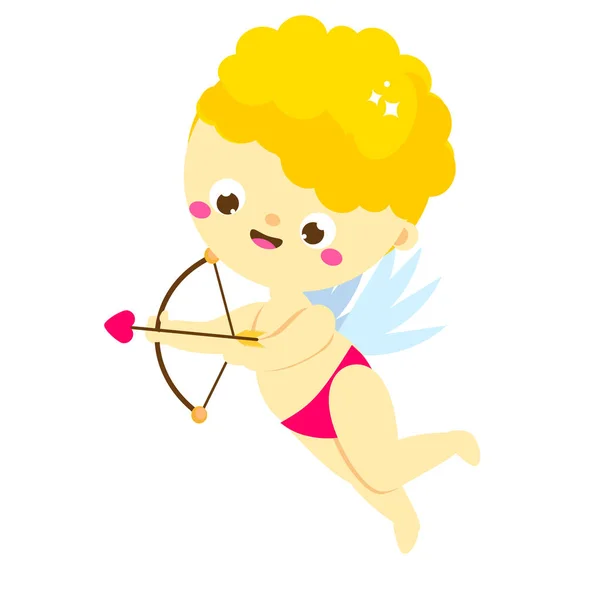 愛の矢と弓を目指してかわいいキューピッド 漫画聖バレンタイン日文字 面白いアムールの少年 ロマンチックなバレンタインデザインのための隔離された天使 — ストックベクタ