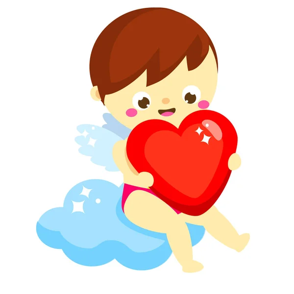 Cute Cupid Big Red Heart Cartoon Valentines Day Character Amur — Stock Vector